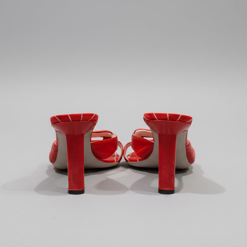 Pair of red high-heeled shoes on a wooden surface with a white background
